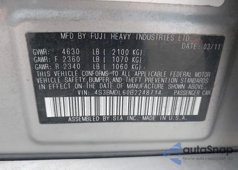 2011 Subaru Legacy 3.6R Limited from USA, damaged, VIN 4S3BMDL60B2248714